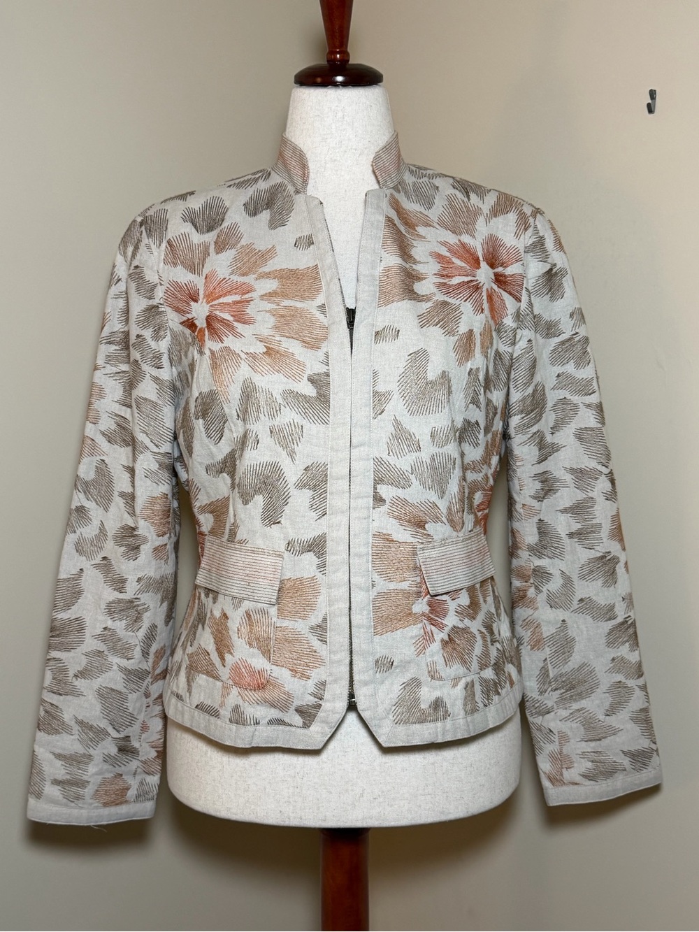 Coldwater Creek Embroidered Linen Blend Lined Floral Jacket Womens 12 Zip Front
